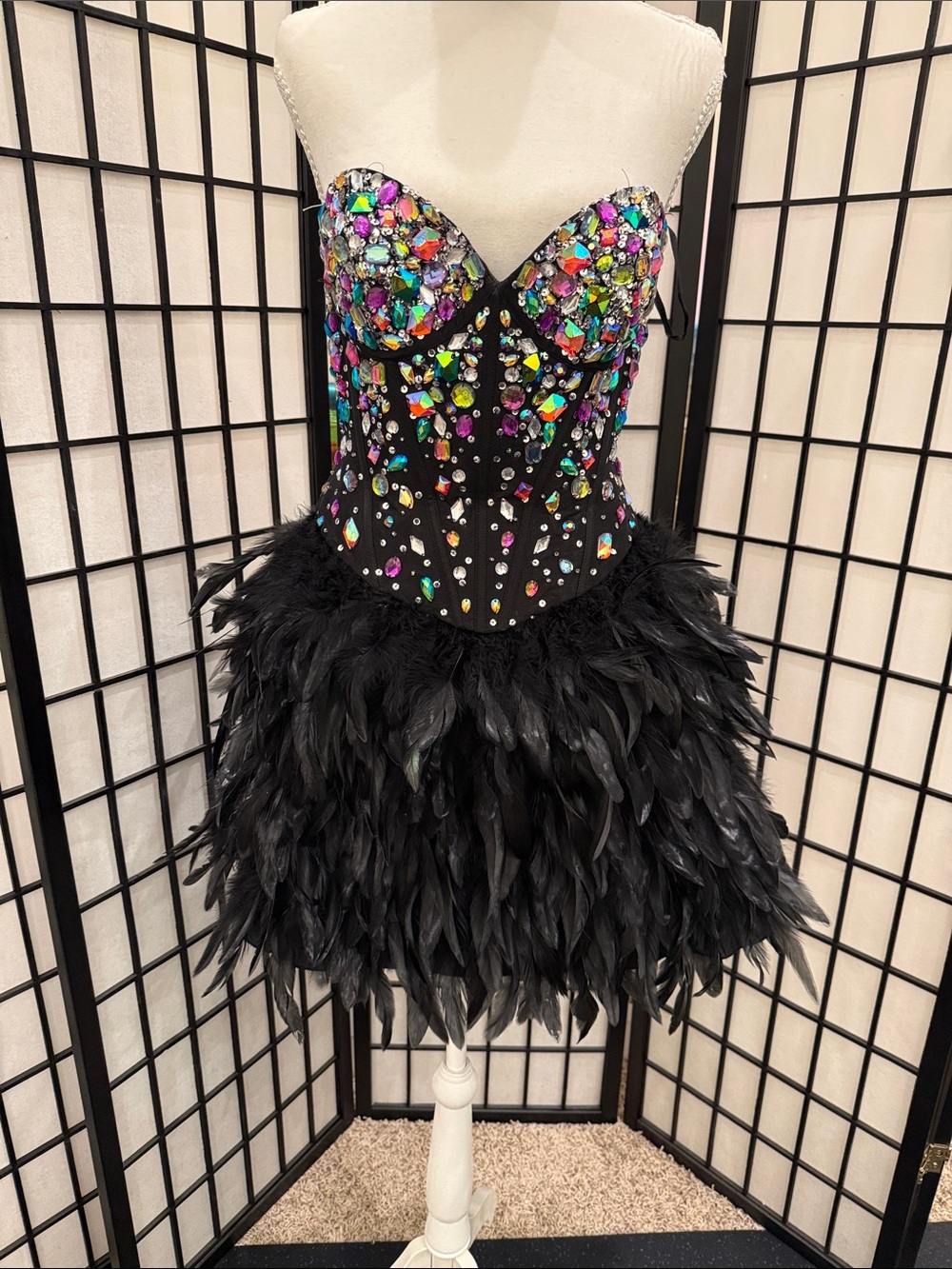Black Feathered Bodice Dress with Multicolor Gem Embellishment lace up back